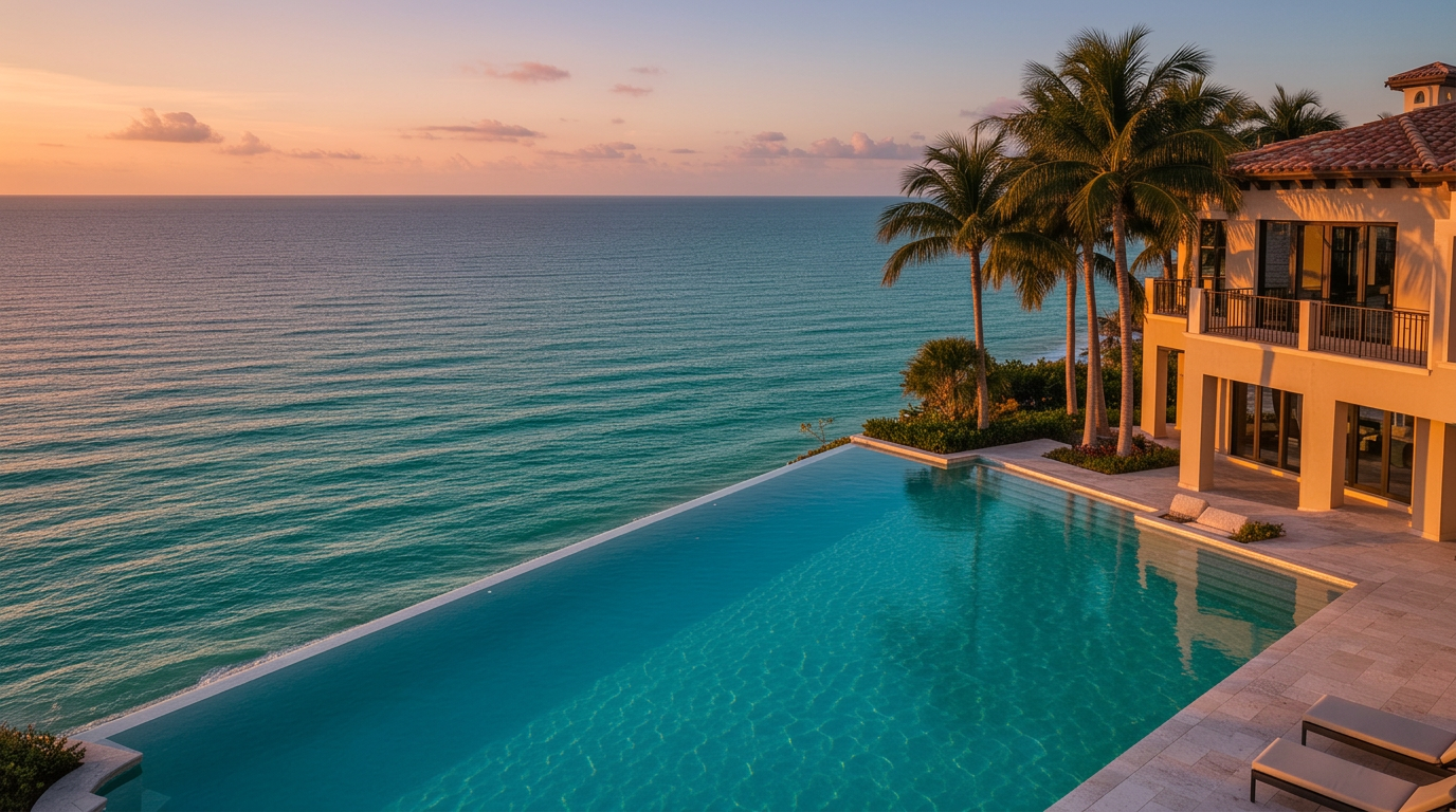 Aerial view of a luxury infinity pool overlooking the Gulf of Mexico in Naples, Florida at sunset