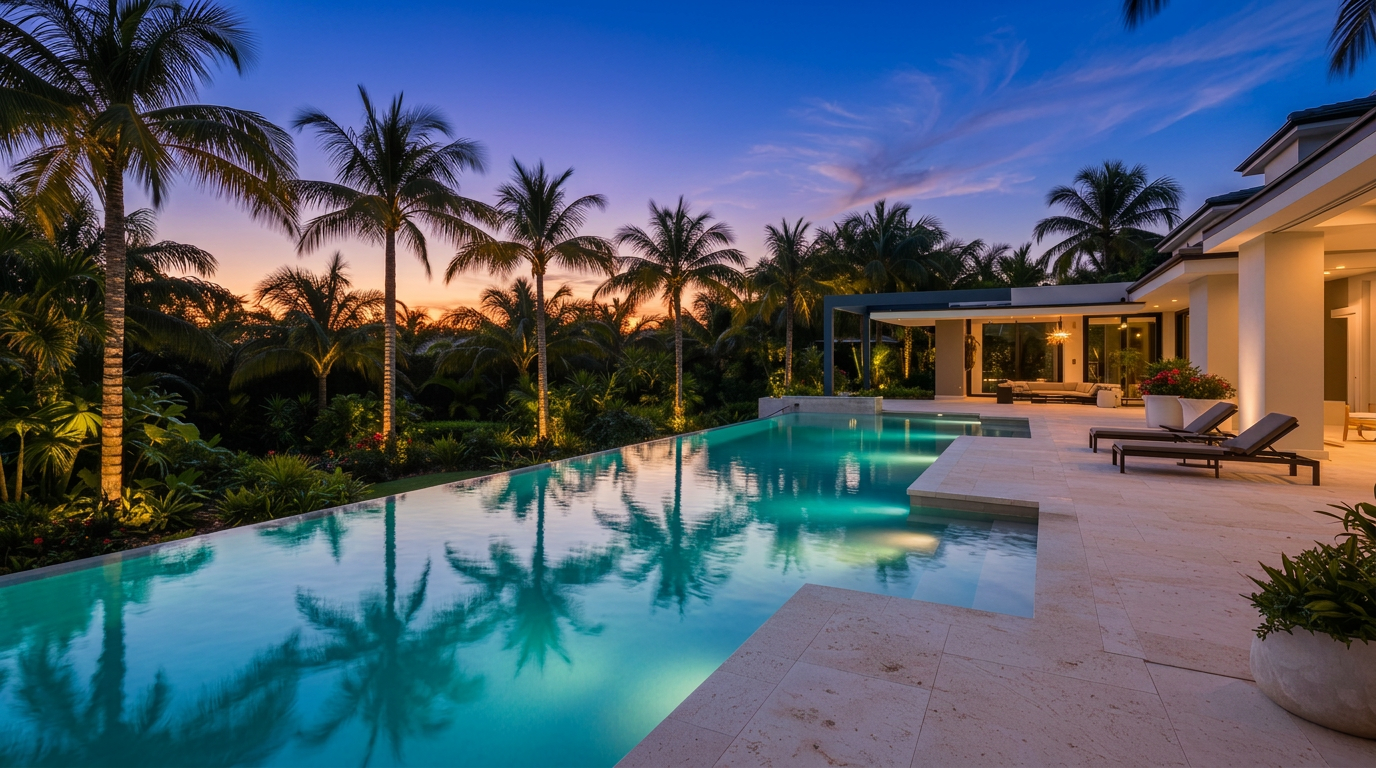 Luxury infinity pool at twilight surrounded by palm trees